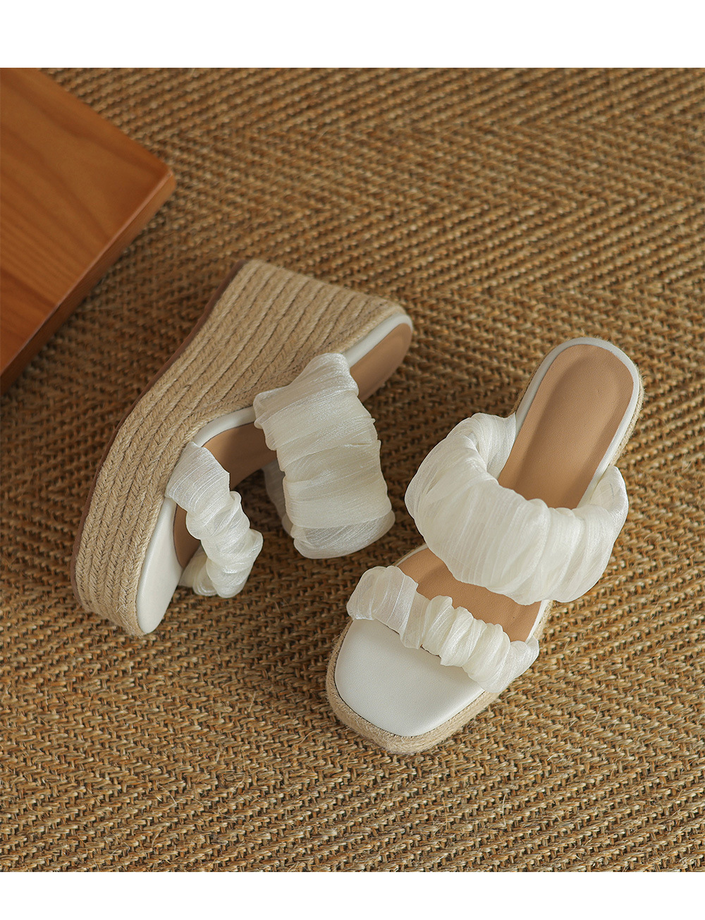 Sandal hở mũi cao gót 10cm quai ngang satin đế độn cao mới hè 2025 — Màu xanh lam nhạt, Màu hồng, Màu trắng be chi tiết 16