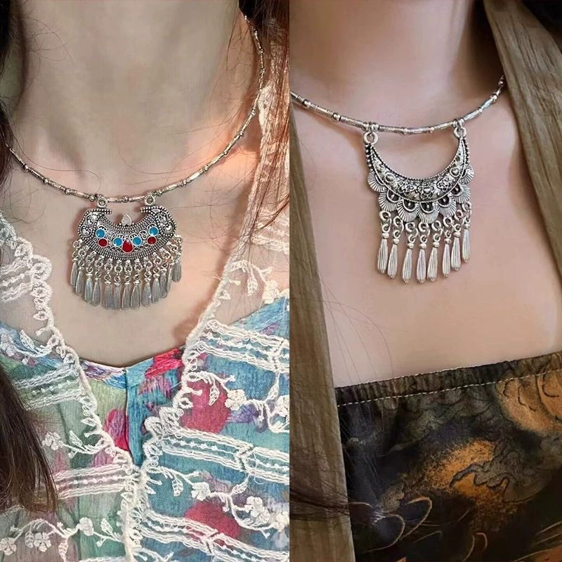 Ретро тибетский сплав ошейник ожерелье национальный ветер луна резная цепочка шеи цепочка ключицы экзотические украшения для волос