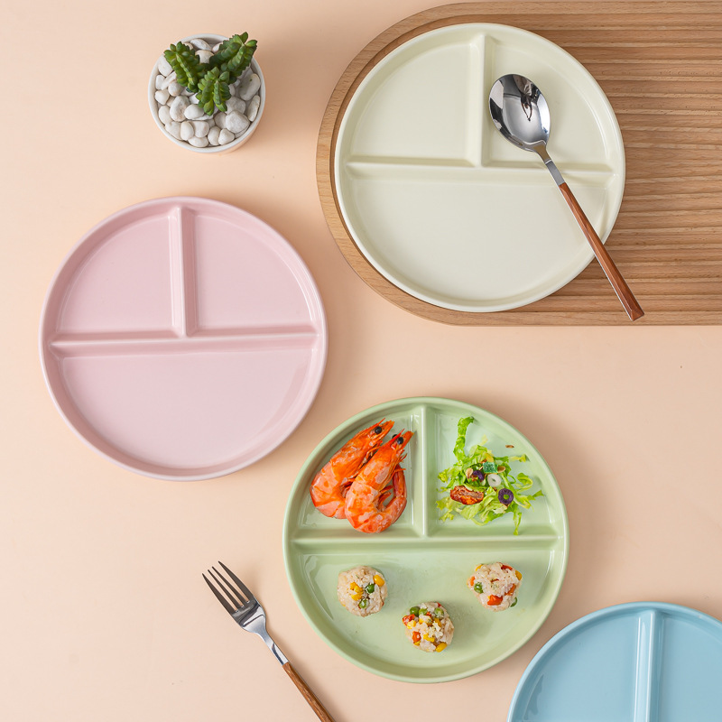 Solid Color Ceramic Divided Plate 211 Fat-Reducing Plate Kids Quantitative Breakfast Plate Tableware Household Divided Plate Solid Color Ceramic Divided Plate 211 Fat-Reducing Plate Kids Quantitative Breakfast Plate Tableware Household Divided Plate