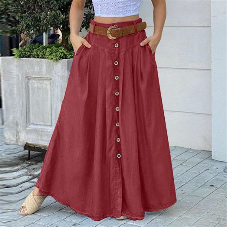 2021 Cross-border New Autumn Women's Long Skirt Casual Button High Waist Solid Color Long Dress