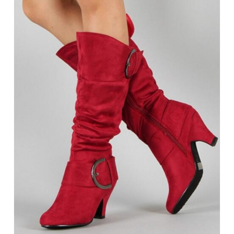 Foreign Trade Supply Frosted Velvet Spring & Fall Women's Boots Belt Buckle High Knight Boots Thick Heel Shoes Wish Amazon Aliexpress