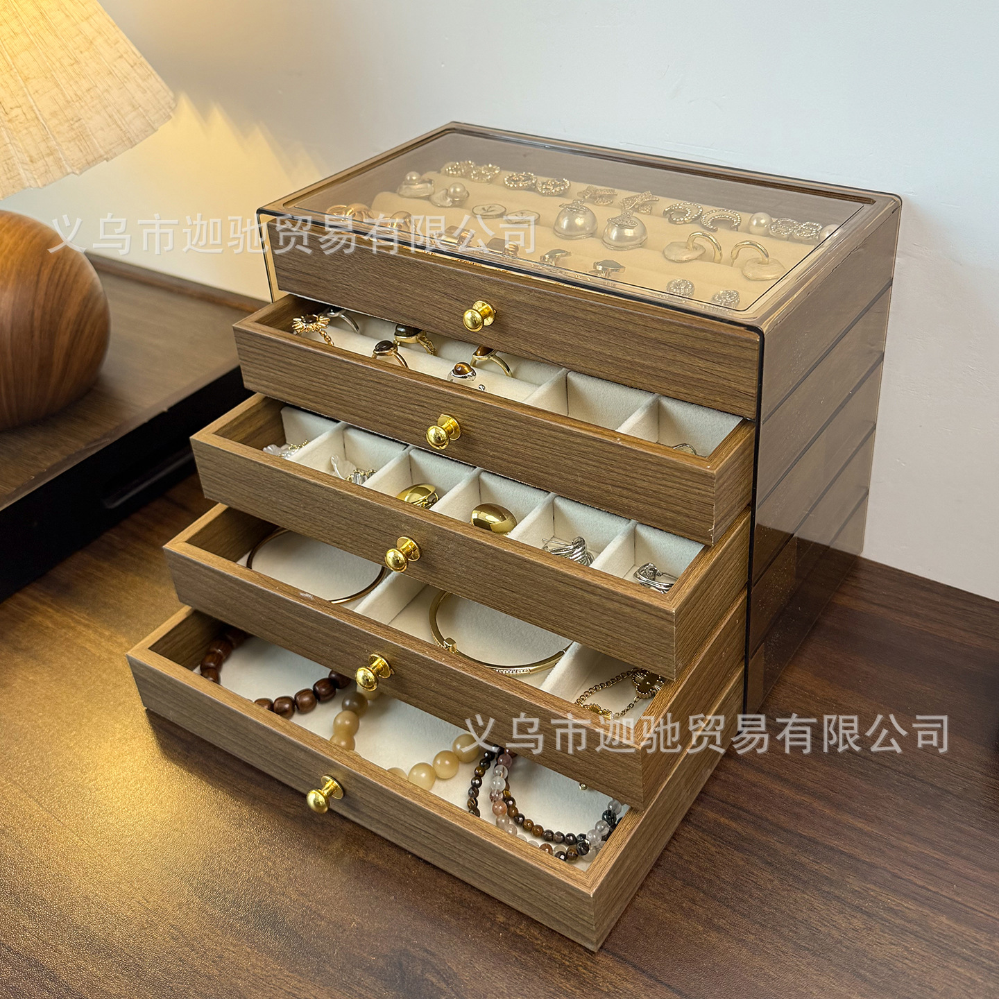 Walnut Grain Jewelry Box Desktop Drawer-Type Earrings Earrings Ring Storage Box High-End Gold Jewelry Box