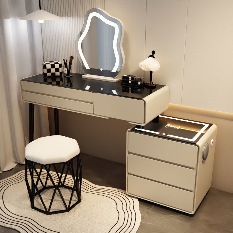 카키 그레이 3단 서랍 스마트 모델 - 올 원목 120 테이블 + 캐비닛 클라우드 미러 + 새둥지 스툴