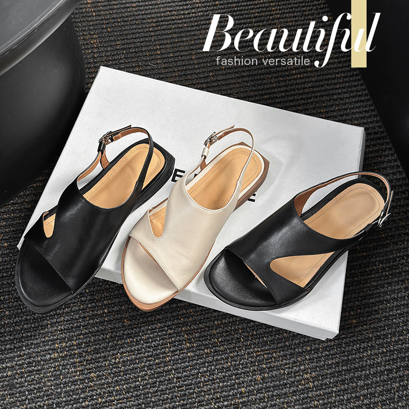 Dép sandal nữ quai ngang da bò hở mũi đế bằng kiểu La Mã — đen chi tiết 4
