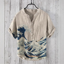 2025夏季欧美跨境男装图形印花色块印花男士民族风立领短袖衬衫男