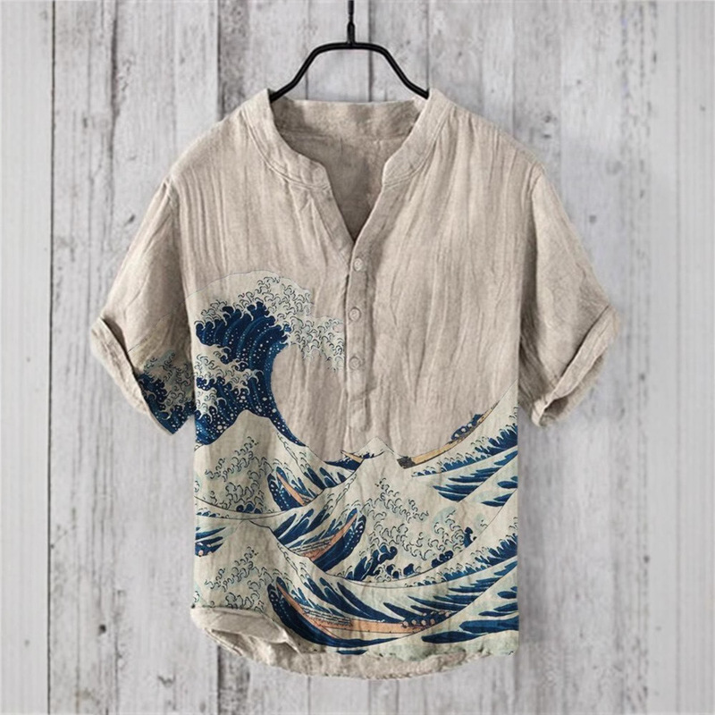 2025 summer European and American cross-border men's graphic printing color block printing men's national style stand collar short sleeve shirt men