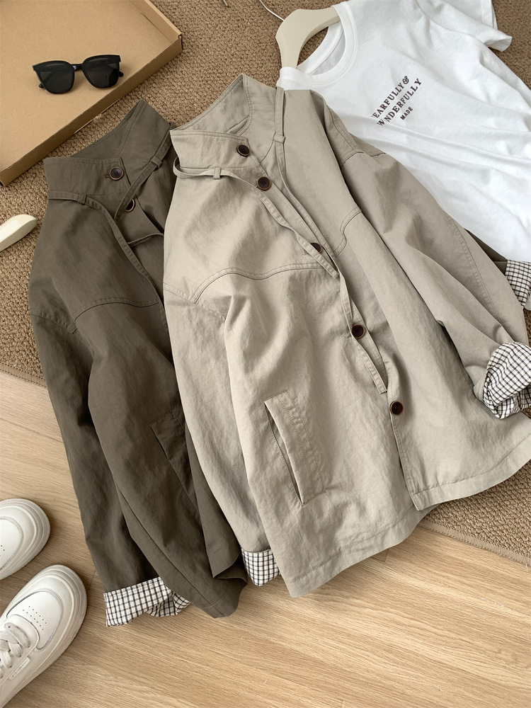 Vintage Japanese-Style Drawstring Stand Collar Patchwork Plaid Trench Coat for Women, Korean Version Mid-Length Cardigan for Autumn