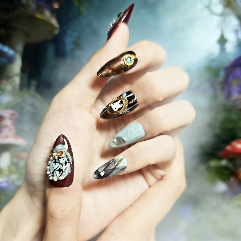 Alice in Wonderland Themed Wearable Nails, Purely Handmade with Carved Designs, Gold Filigree, and Diamond Inlays, in a Light Luxury Style