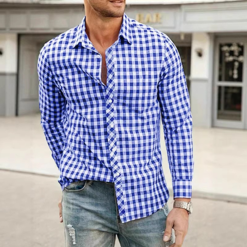 Men's Plaid Shirt European and American Cross-Border 3D Digital Print Lapel Casual Simple Breathable Youth Long-Sleeve Men's Checkered Shirt Men's Plaid Shirt European and American Cross-Border 3D Digital Print Lapel Casual Simple Breathable Youth Long-Sleeve Men's Checkered Shirt