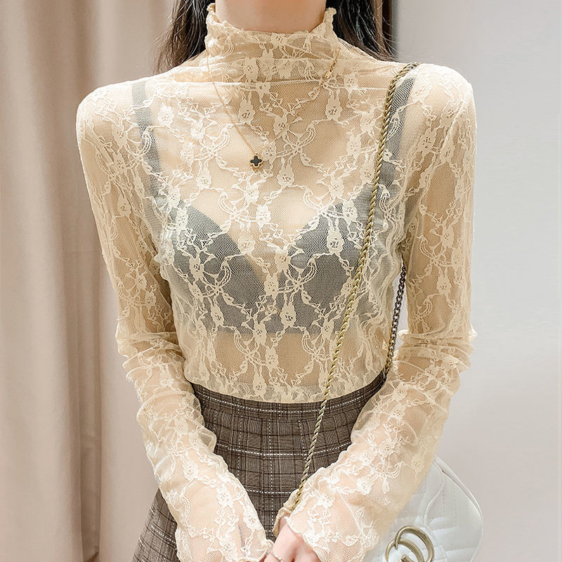Black Lace Base Shirt Women's 2025 Spring Western Style Inner Hollow Perspective Shirt Fungus High Collar Mesh Top Black Lace Base Shirt Women's 2025 Spring Western Style Inner Hollow Perspective Shirt Fungus High Collar Mesh Top
