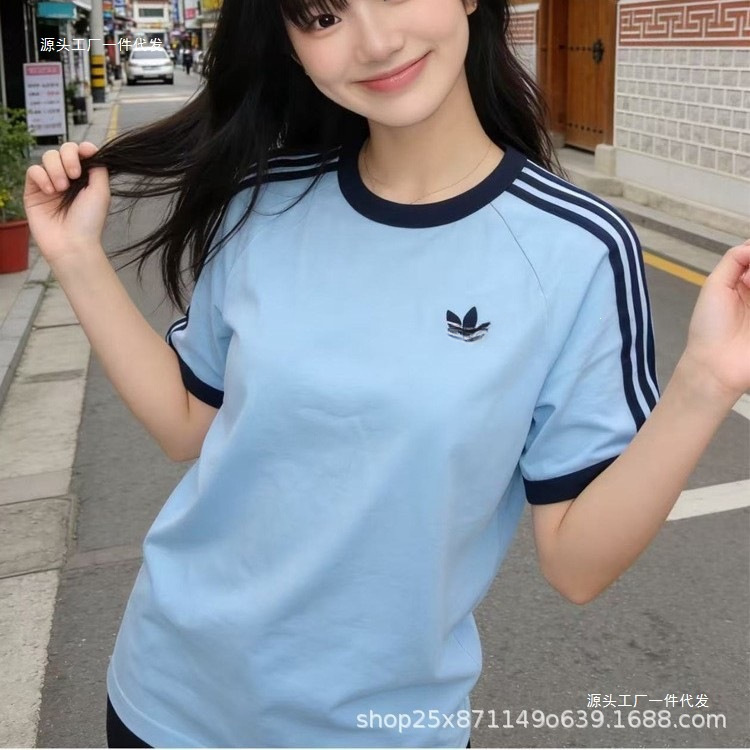 Clover Short-Sleeved Embroidered Logo Summer New Style Three-Stripe Couple Sports Casual Round Neck Breathable T-Shirt Cotton Clover Short-Sleeved Embroidered Logo Summer New Style Three-Stripe Couple Sports Casual Round Neck Breathable T-Shirt Cotton