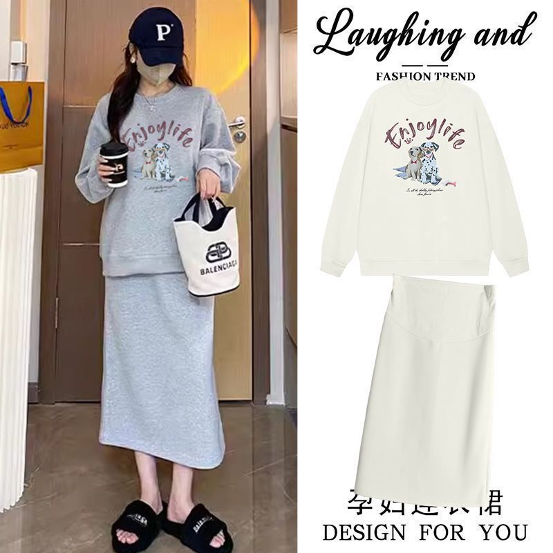 Outing Outfit Autumn Set Loose Stylish Maternity Set Half-Skirt Maternity Spring Casual Sweatshirt Fashionable Belly Support Wear