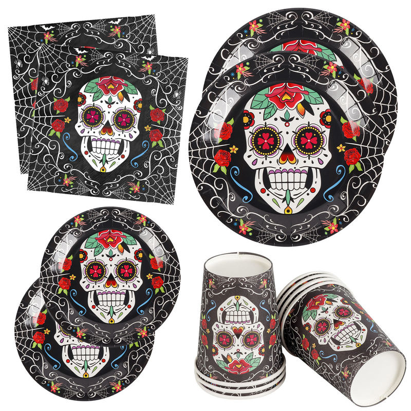Cross-border day of the dead party supplies disposable paper plate paper cup tissue suit flower skull Halloween tableware