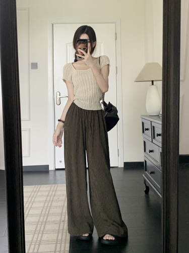 Women's Summer Design-Focused, Unique Neckline Knit Short-Sleeve T-Shirt with Back Ties for a Slimming, Sweet, and Spicy Vibe