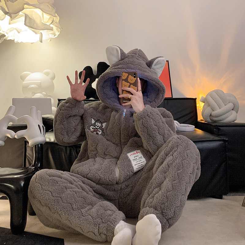 Winter Pajamas Three-Layer Quilted Zipper Hooded Plus Velvet Thickened Men's Home Wear Set