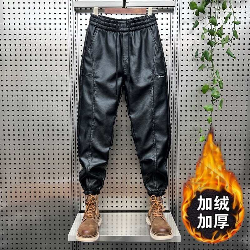 Warm and Windproof Fleece-Lined Leather Pants for Men, New Autumn and Winter 2026 Trendy Brand Jogger-Style Cycling Casual Pants