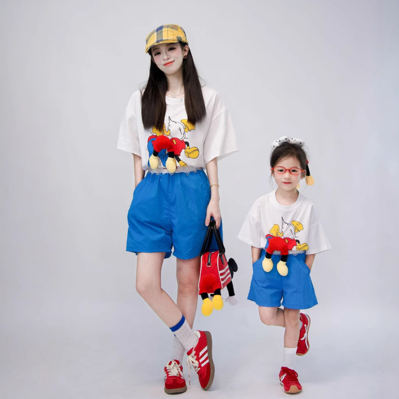 Sweet and Sour Summer Dopamine Boys and Girls Suit Kidsren's T-Shirt Shorts Set Korean Casual Outdoor Mother and Child Clothing