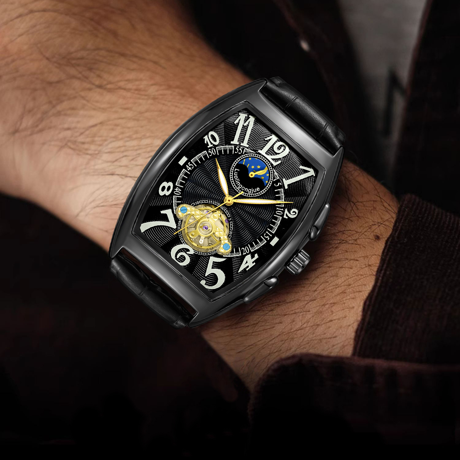 ワイン樽型全自動ホイール中空機械式時計メンズビジネスシンプルファッション多機能時計卸売