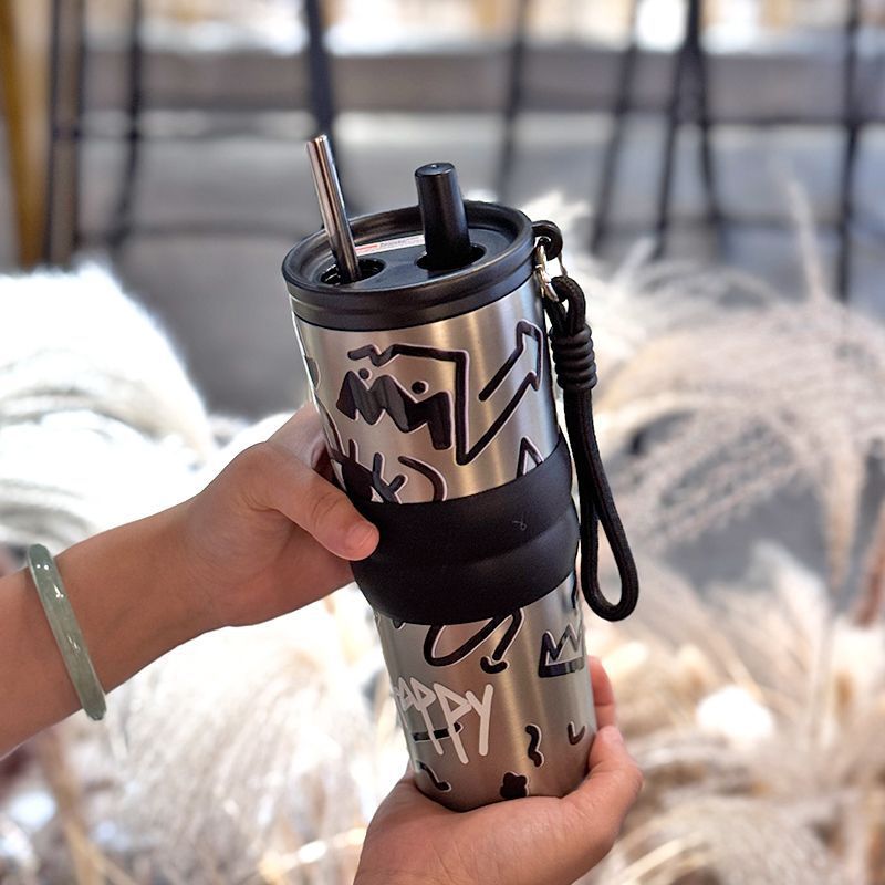 女性の高見えコーヒーカップ、ポータブルウォーターカップ、シンプルなセラミックライナー魔法瓶カップ、大容量カーストローカップ|undefined