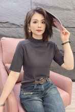 白枕鹤棉五分袖中袖恤女夏季新款小立领打底衫内搭修身显瘦百