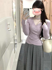 纯欲交叉绑带不规则长袖针织衫女早秋新款褶皱显瘦修身短款上衣潮