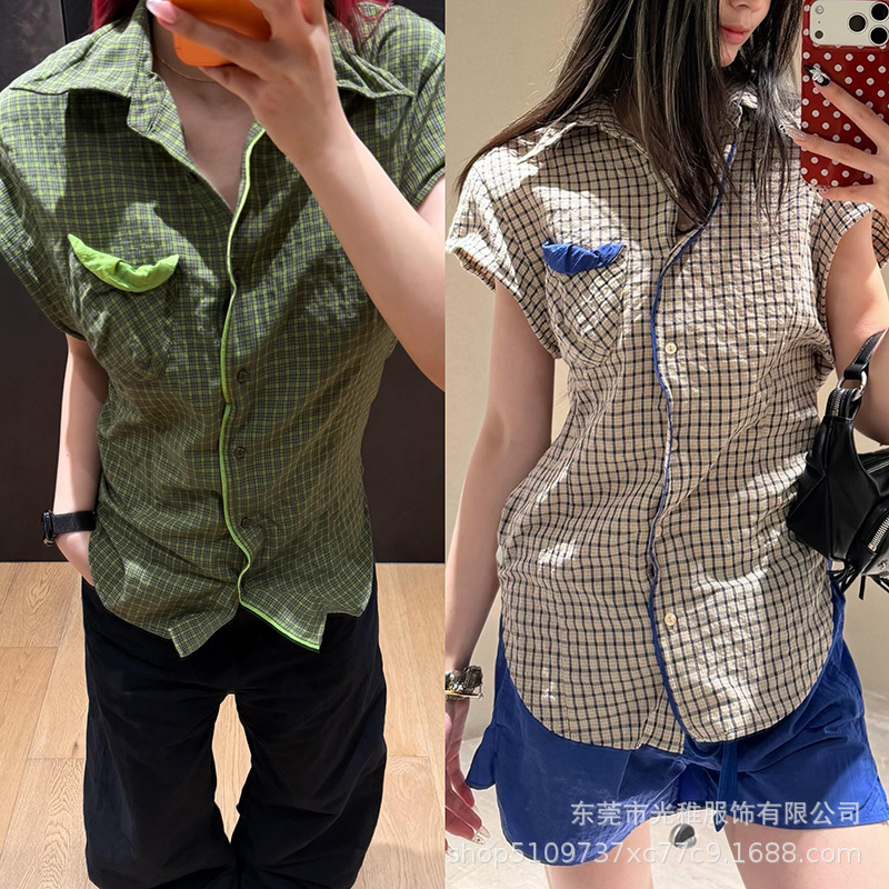 26 Spring and Summer New Style Metallic Thread DIY Pleated Sleeveless Plaid Shirt