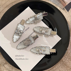 シルバーグレーのドリップ釉薬ラインストーンパールヘアピンカモノハシクリップハイエンドリボンメイクアップクリップヘアピンブロークンヘア前髪クリップ