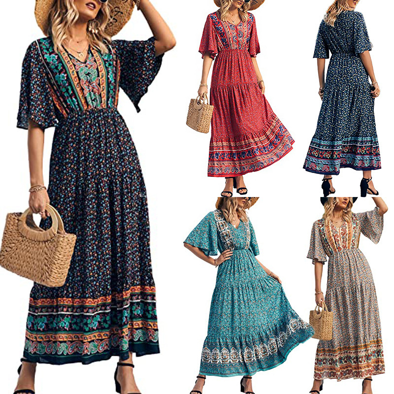 Summer New Amazon Hot-Selling Cross-Border Foreign Trade Women's Bohemian Dress Beach Vacation Long Skirt Summer New Amazon Hot-Selling Cross-Border Foreign Trade Women's Bohemian Dress Beach Vacation Long Skirt