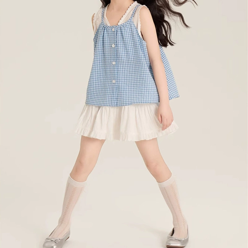 Топы для девочек, лето 2025, новая корейская повседневная кукольная рубашка из двух предметов в синюю клетку на подтяжках