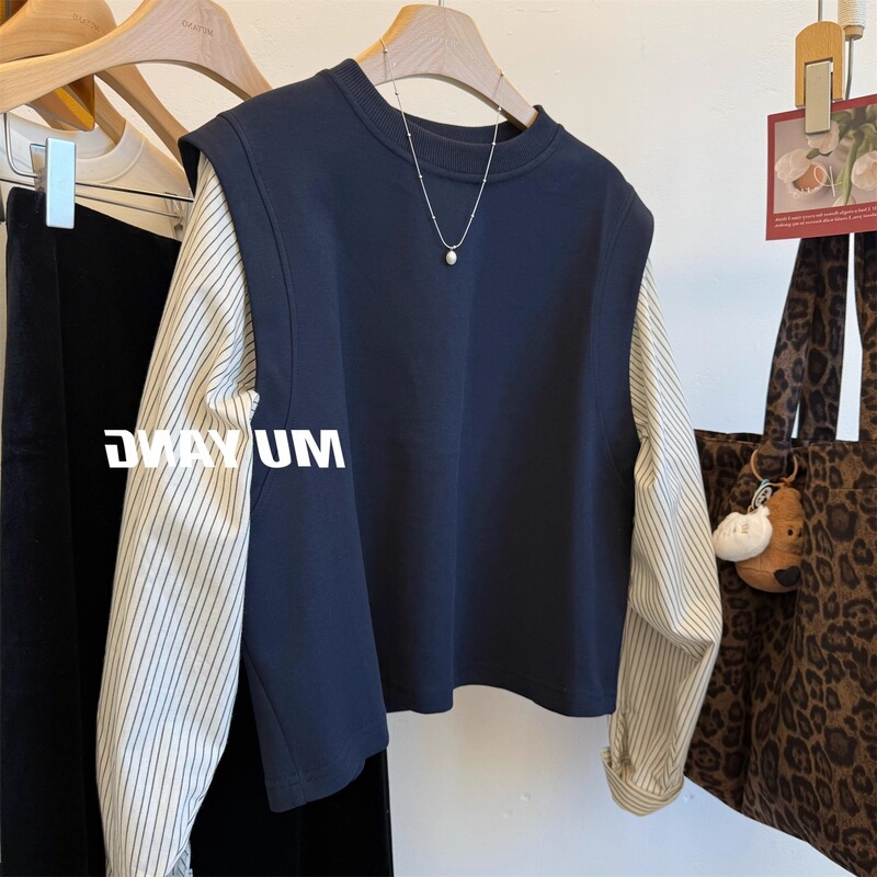 Muyang Lazy Weekend ~ Vertical Striped Shirt Sleeve Patchwork Casual Crew Neck Sweatshirt for Women 2025 Autumn Loose Top Muyang Lazy Weekend ~ Vertical Striped Shirt Sleeve Patchwork Casual Crew Neck Sweatshirt for Women 2025 Autumn Loose Top