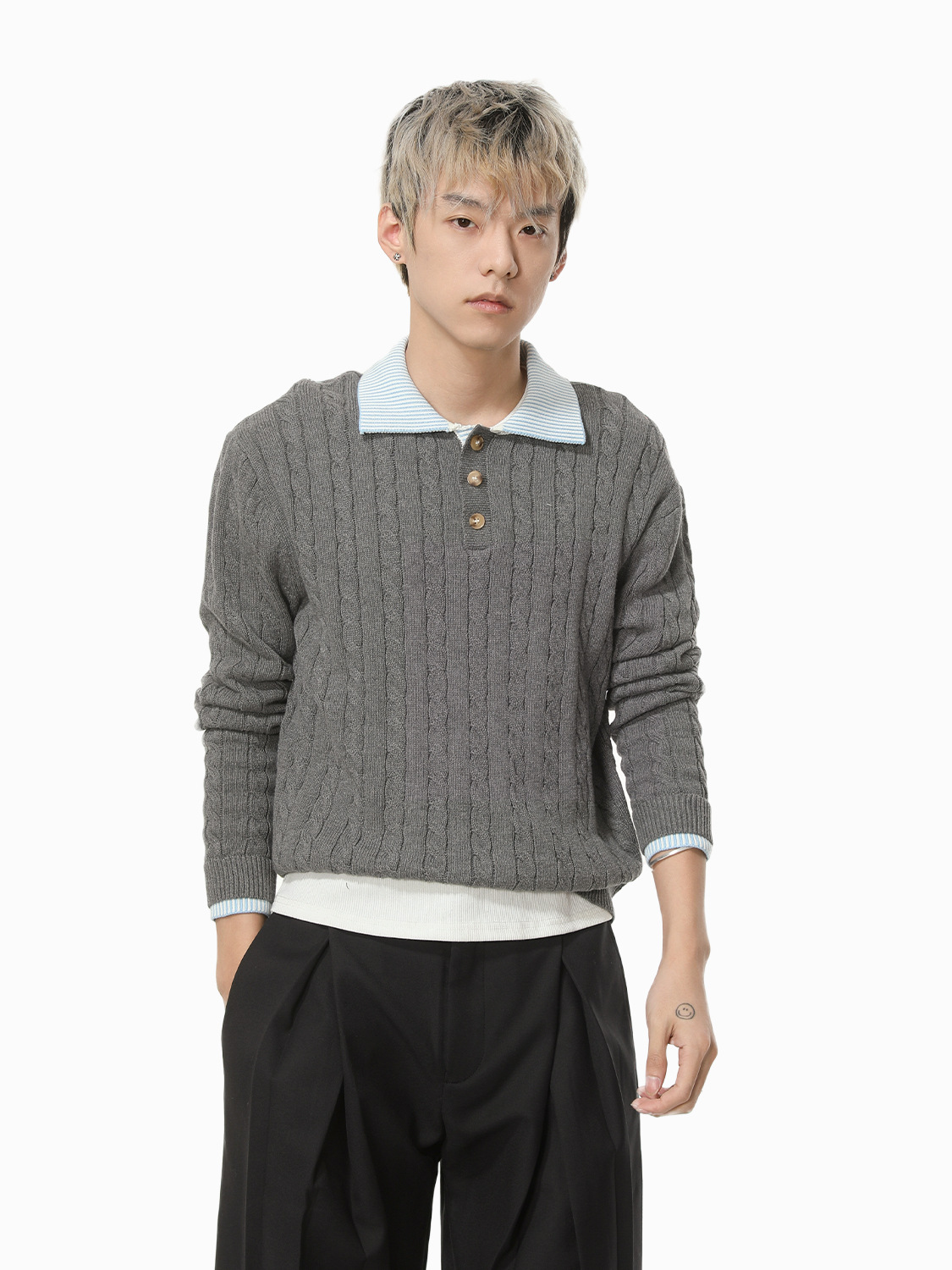 MTLCLOTHES Hombres| Corea del Sur falso de dos piezas de costura solapa de viento lento de algodón puro jersey jersey casual suéter