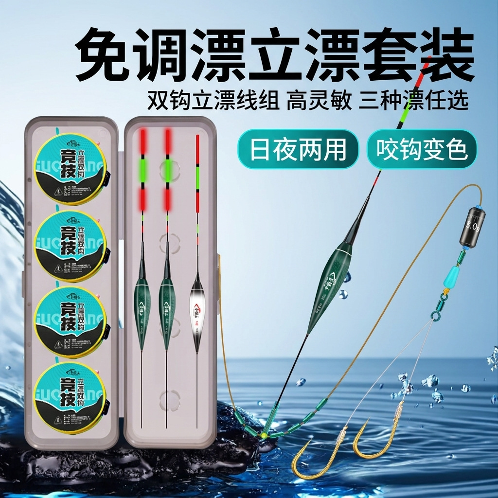 Pre-tied float line set with double hooks, main line set, stand-up float for day and night use, luminous float, ready-made fish hook and line set