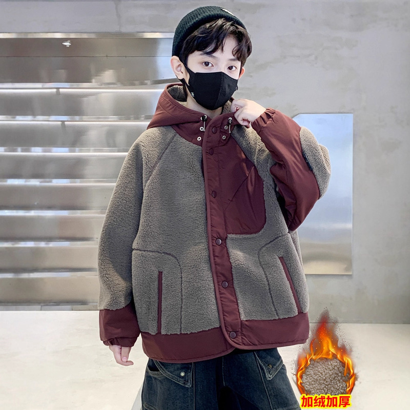Boys' Lamb Wool Coat, Autumn and Winter 2025 New Style, Thickened Winter Cotton Jacket for Older Children, Children's Fleece Sweater