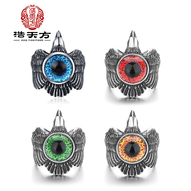 Titanium Steel Gemstone Ring for Men, Trendy Style, Devil's Eye Eagle, High-End Feel, Non-Fading, Trendy Punk Style