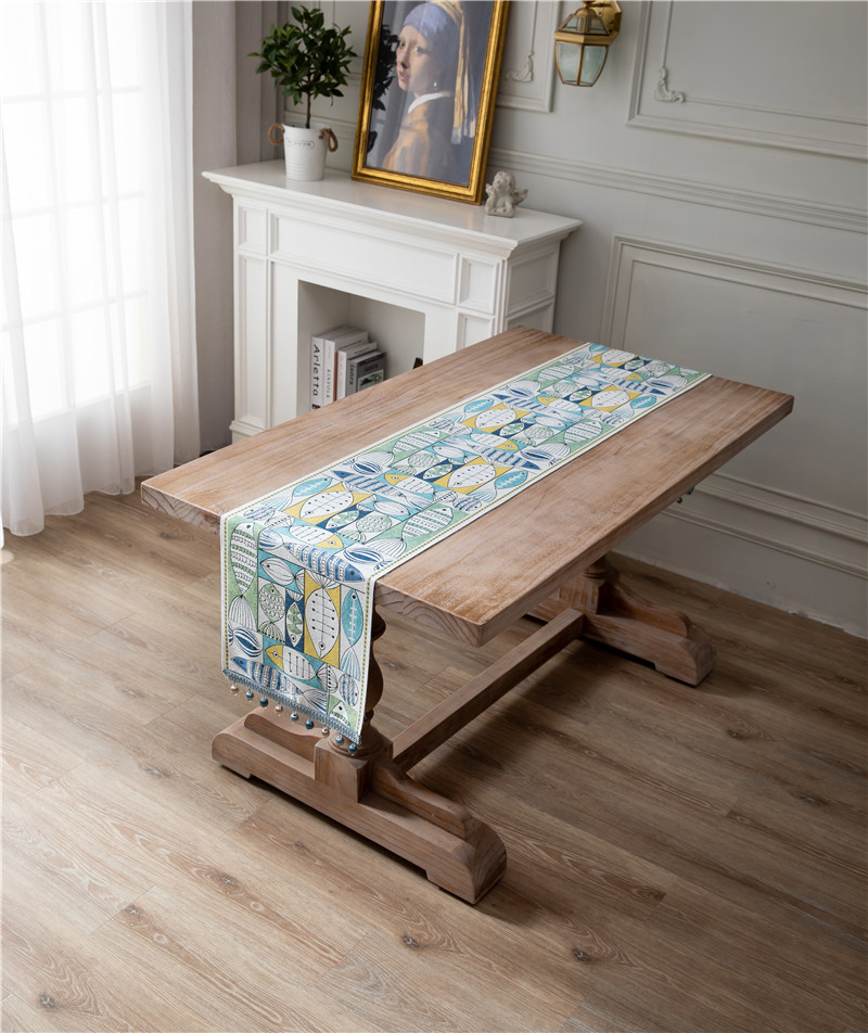 Tovaglia in poliestere con nappe in ciniglia a piccoli pesci verdi annuali, runner da tavola fresco_voghion.com