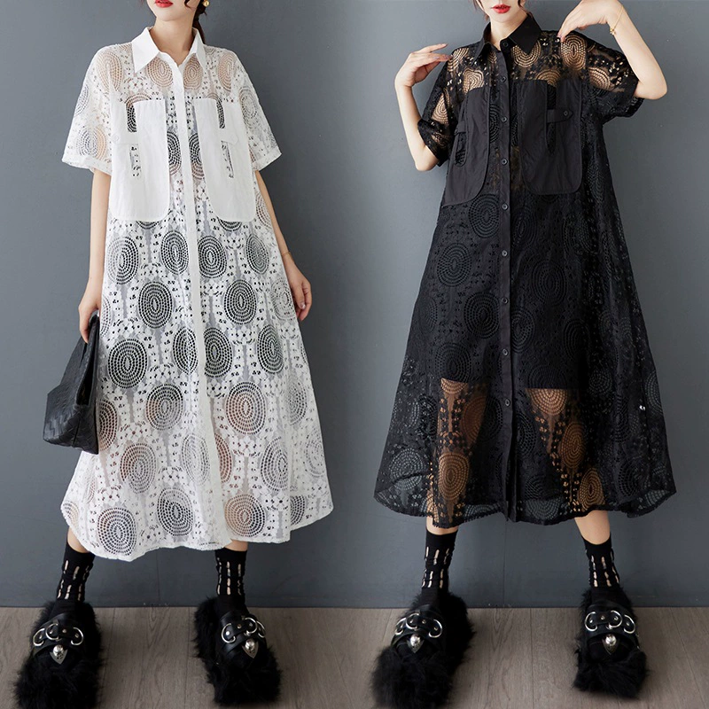 Настоящая летняя нишевая дизайнерская модная кружевная полая рубашка-платье, свободное повседневное прозрачное модное платье