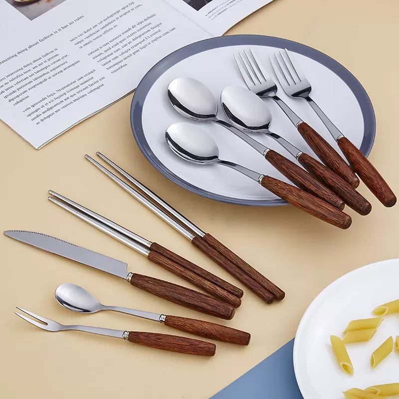 鸡翅木柄不锈钢餐具实木西餐牛排刀叉勺套装家用复古刀叉勺中式筷