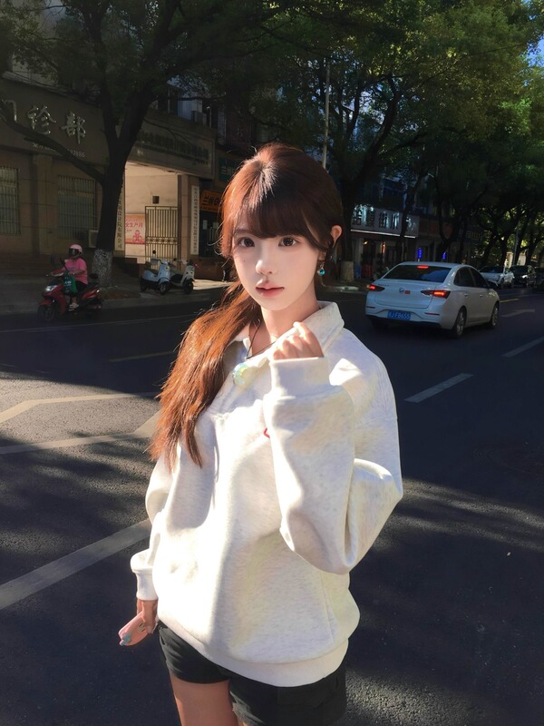 简约休闲POLO领长袖卫衣女春秋新款宽松显瘦美式复古白灰色上衣潮|undefined