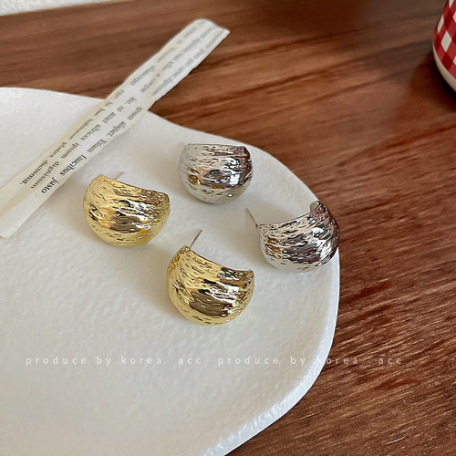 925 Silver Geometric C-Shaped Folded Bead Curved Earrings, Ins Style Cold Metal Stud Earrings, Personality Korean Earrings