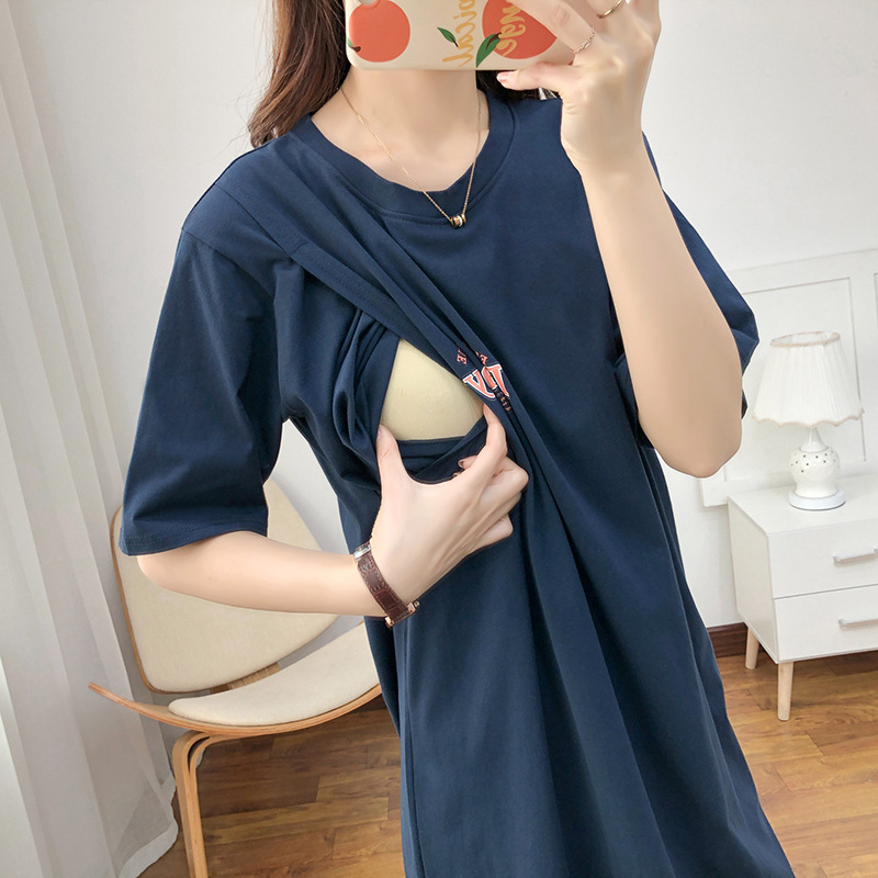 Breastfeeding Dress Summer Long Luna Maternity Clothes Postpartum Feeding Top Loose Short-sleeved Cotton T-shirt Skirt
