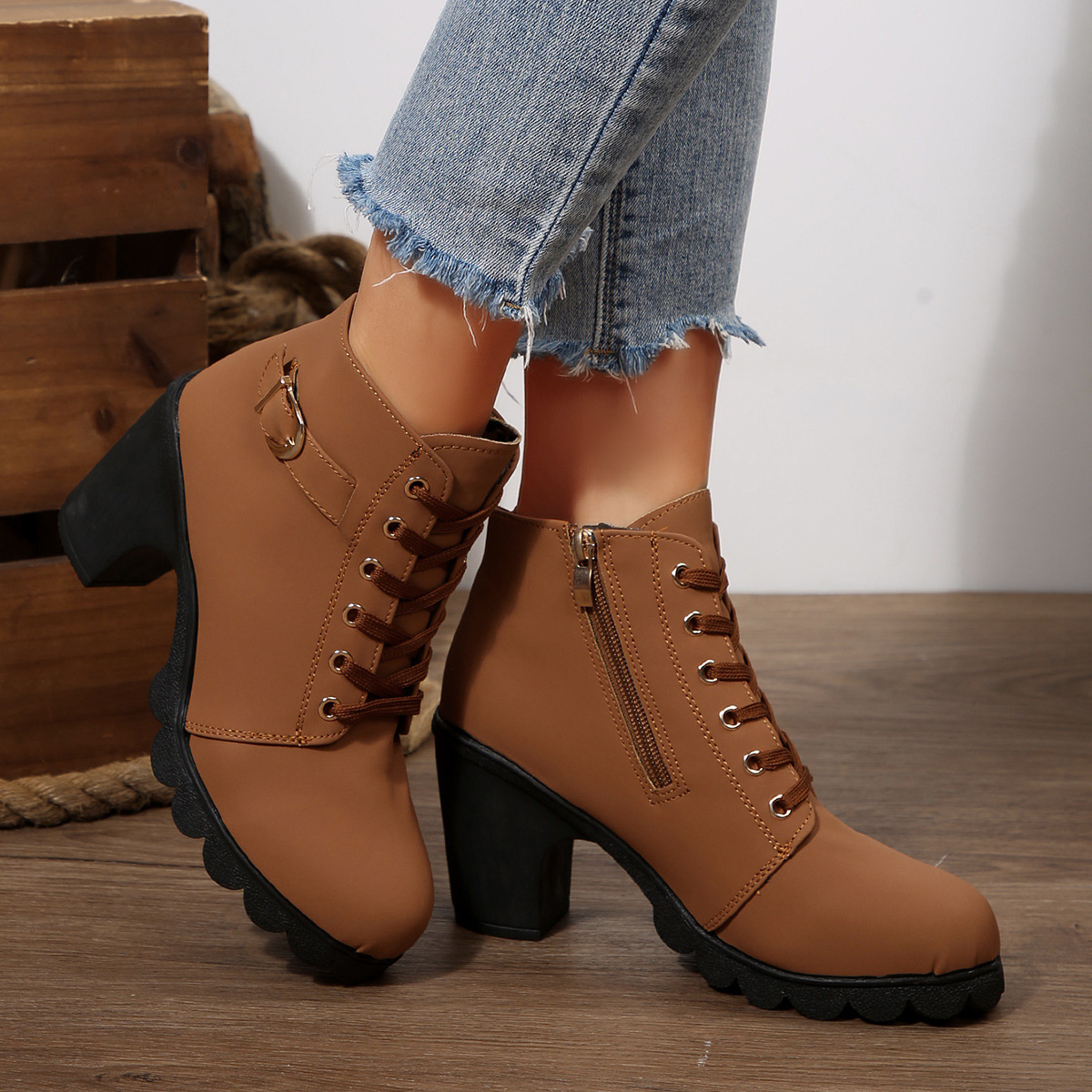 ShoeVault Women's Leather Low-Cut Chunky Round Toe High Heel Lace-Up Brown Ankle Boots Spring Autumn Plus Size Height Increasing_vogvips.com