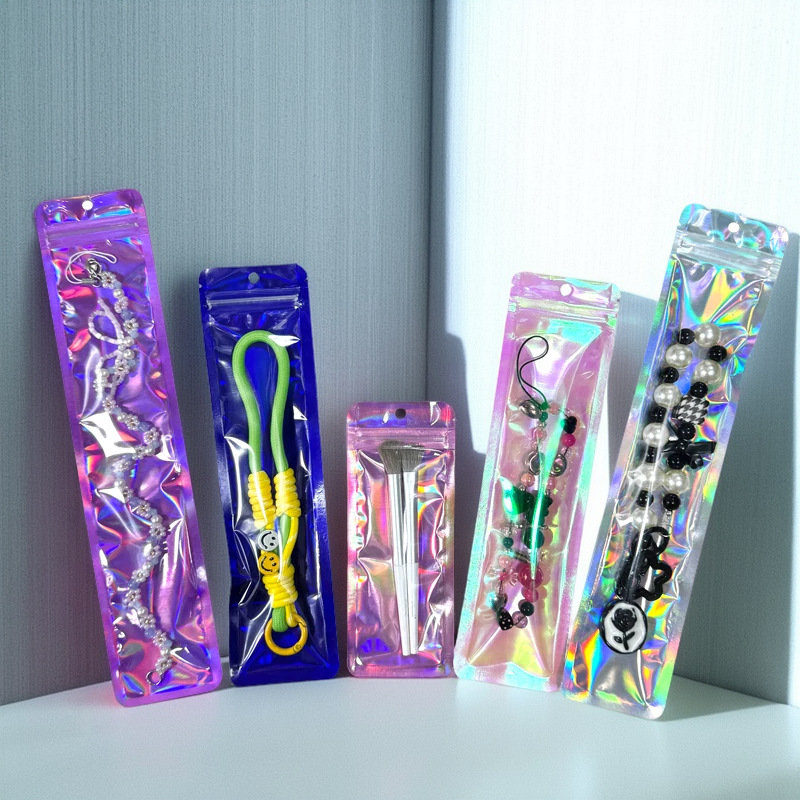 Bolso sellado de tira larga con orificio colgante, bolsa sellada hermética de yin y yang translúcida con láser grueso, cable de datos de joyería, bolsa de embalaje de cepillo de maquillaje