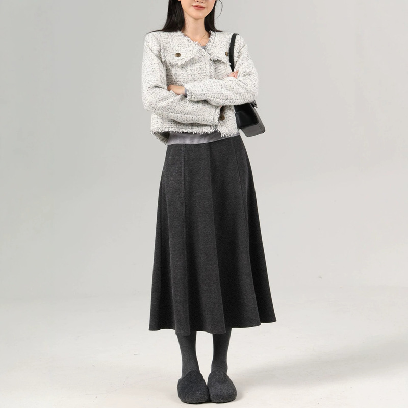 Anchen Acetate Wool High-End Gentle Versatile A-Line Woolen Skirt Autumn High-Waisted A-Line Skirt