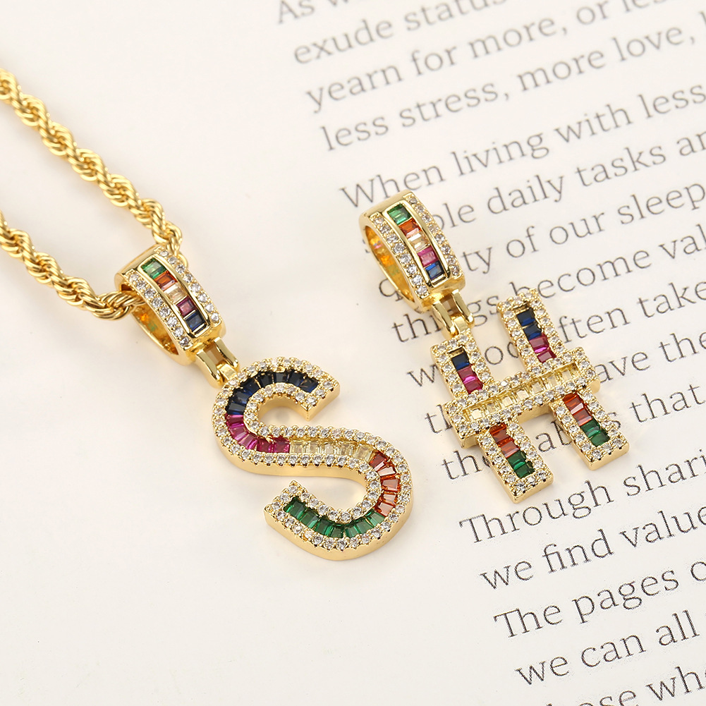 Hip Hop Color Zircon 26 English Letter Copper Necklace