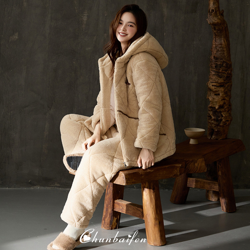 Chunbaifen Women's Winter Pajamas, Three-Layer Thickened Cotton-Padded Velvet Coral Fleece Casual Hooded Loungewear That Can Be Worn Outside Chunbaifen Women's Winter Pajamas, Three-Layer Thickened Cotton-Padded Velvet Coral Fleece Casual Hooded Loungewear That Can Be Worn Outside