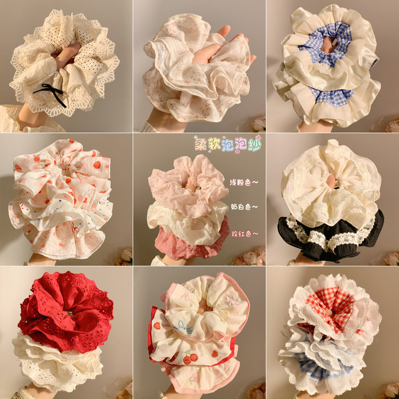 蕾丝花边波点大肠发圈女高级感慵懒风马尾发绳韩系丸子头头绳发饰|undefined