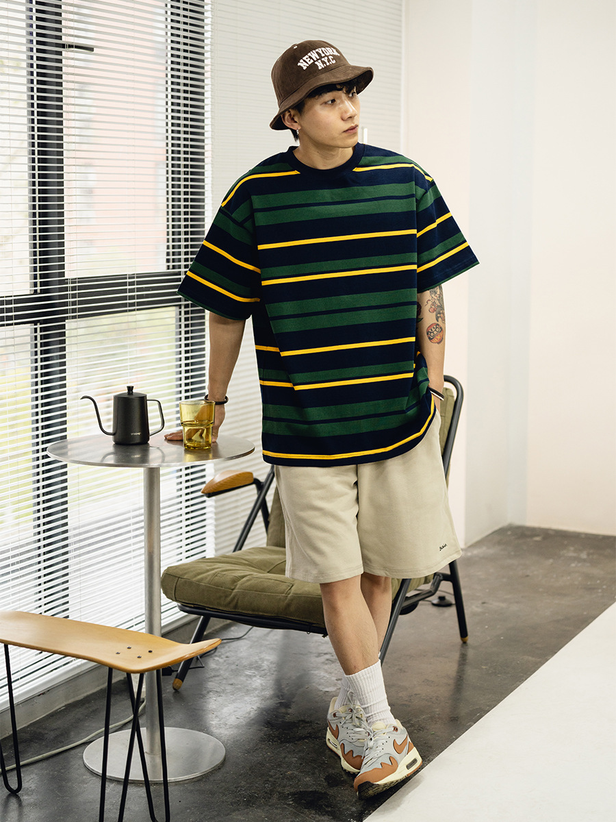 TRS 日潮シリーズ | 26SS特注織り310Gダブルヤーンラウンドネックストライプ半袖ルーズフィットドロップショルダー五分袖Tシャツメンズ