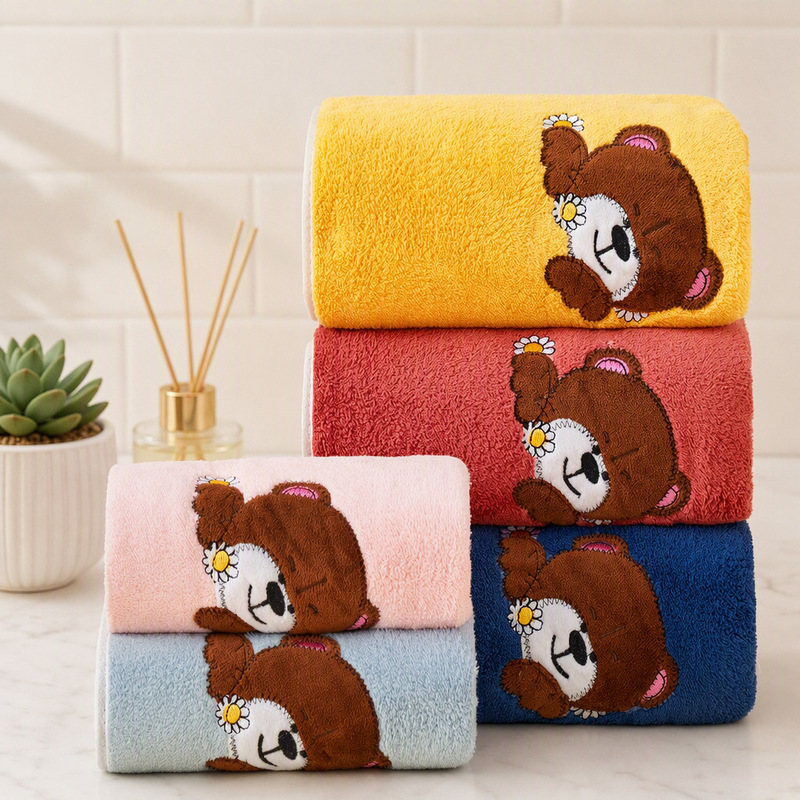 Coral Velvet Embroidered Bear Towel Bath Towel Three-Piece Gift Box Household Absorbent Bath Towel Wedding Souvenir