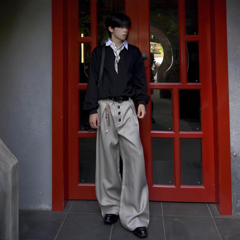 Houndstooth Pleated Buttoned A-Line Wide-Leg Dress Pants for Men, Suitable for Light Workplace Commuting, Old Money Style Cleanfit Trousers Houndstooth Pleated Buttoned A-Line Wide-Leg Dress Pants for Men, Suitable for Light Workplace Commuting, Old Money Style Cleanfit Trousers