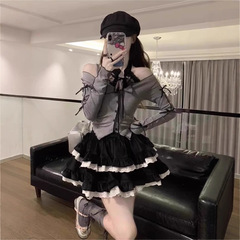 甜辣风蕾丝挂脖T恤女秋季芭蕾黑色灯芯绒短裙上衣蓬蓬蛋糕裙套装